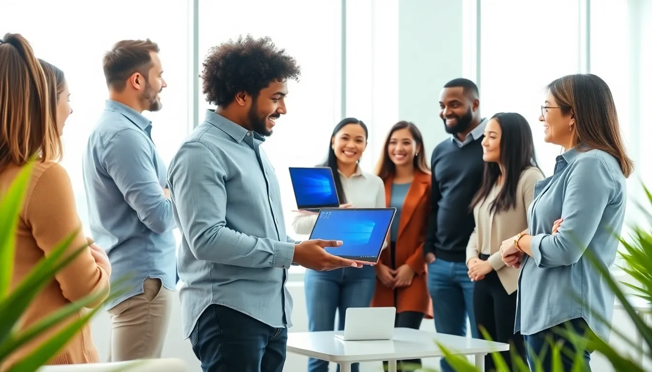 diverse professionals discussing budget laptops in a modern office.