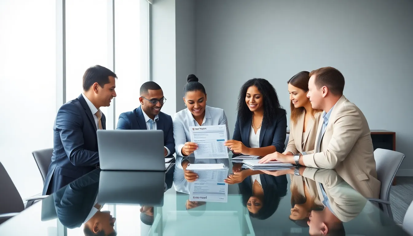 diverse team reviewing a mobile phone bill in a modern office.