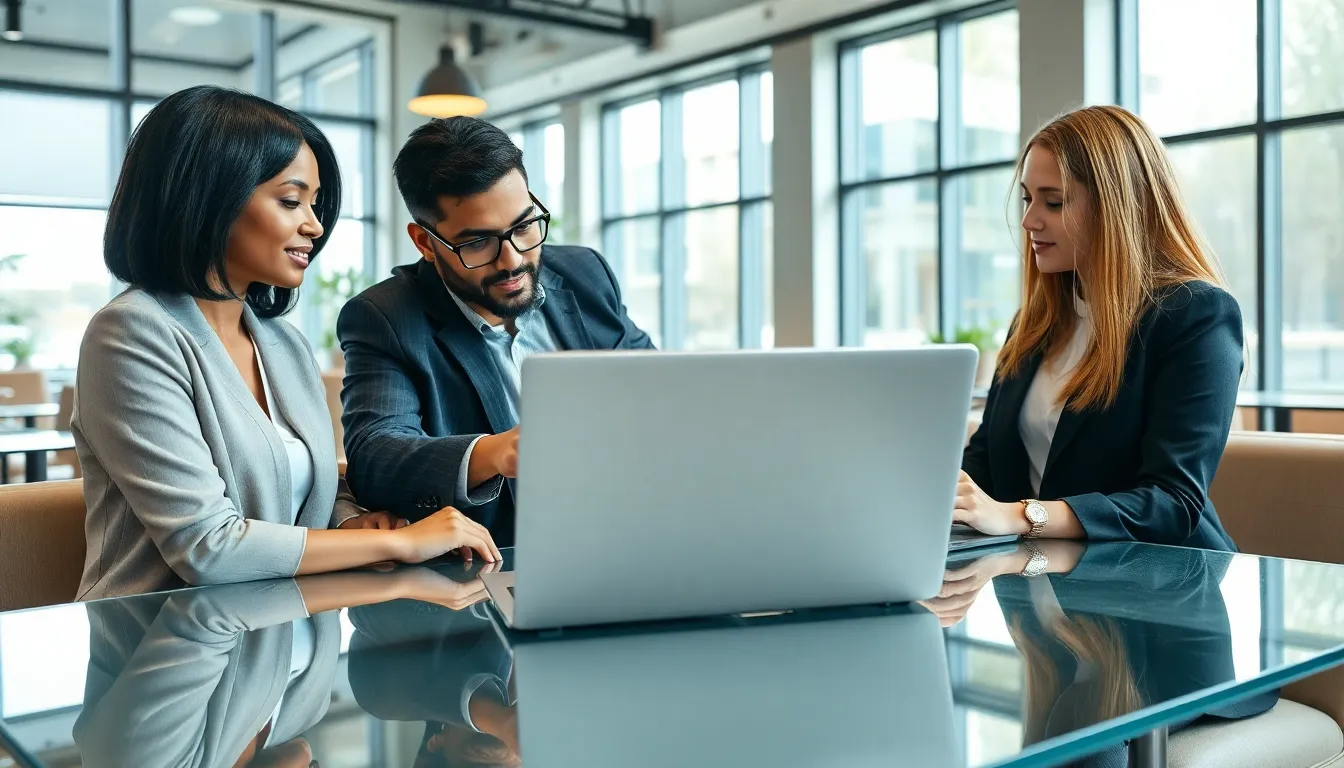 professionals collaborating over a 5G laptop in a modern coffee shop.
