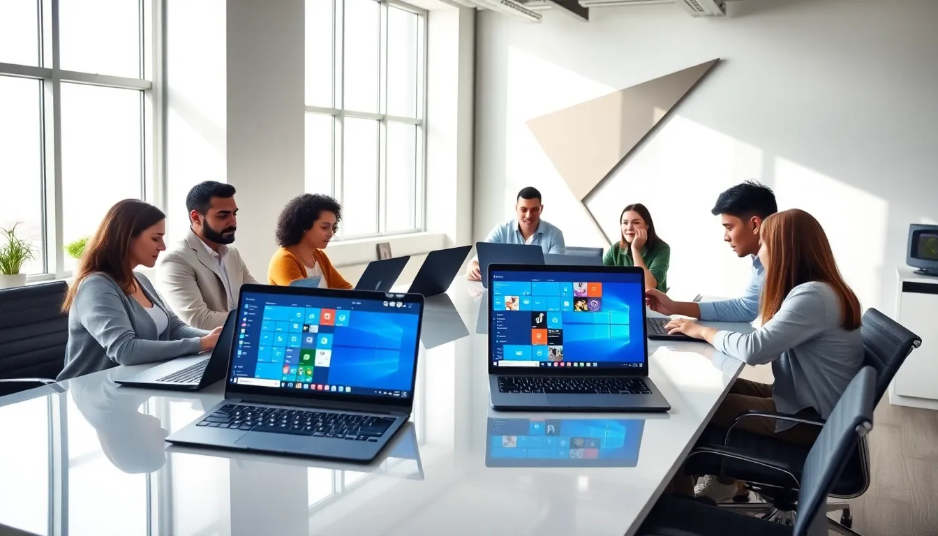 diverse professionals using laptops with Windows 11 in a modern office.