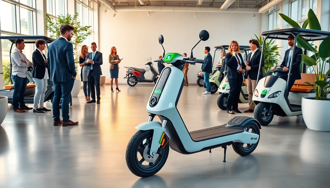 showroom showcasing Bintelli electric vehicles with diverse professionals.
