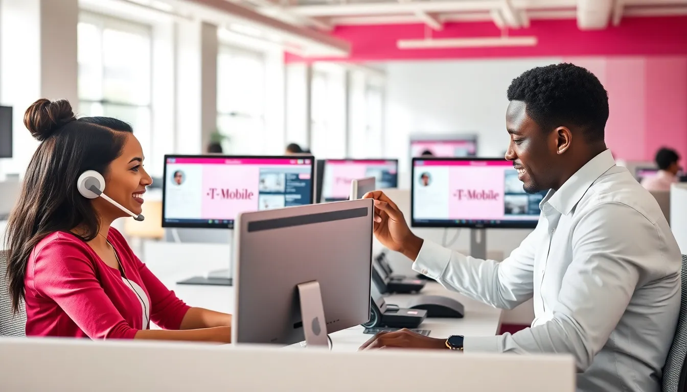 diverse team assisting customers in a modern office setting.