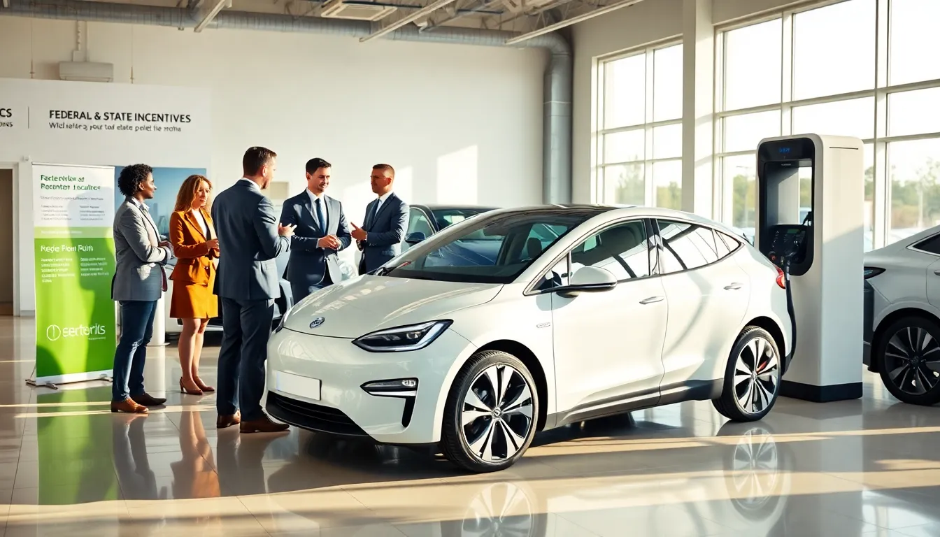 diverse group discussing electric vehicle options in a modern dealership.