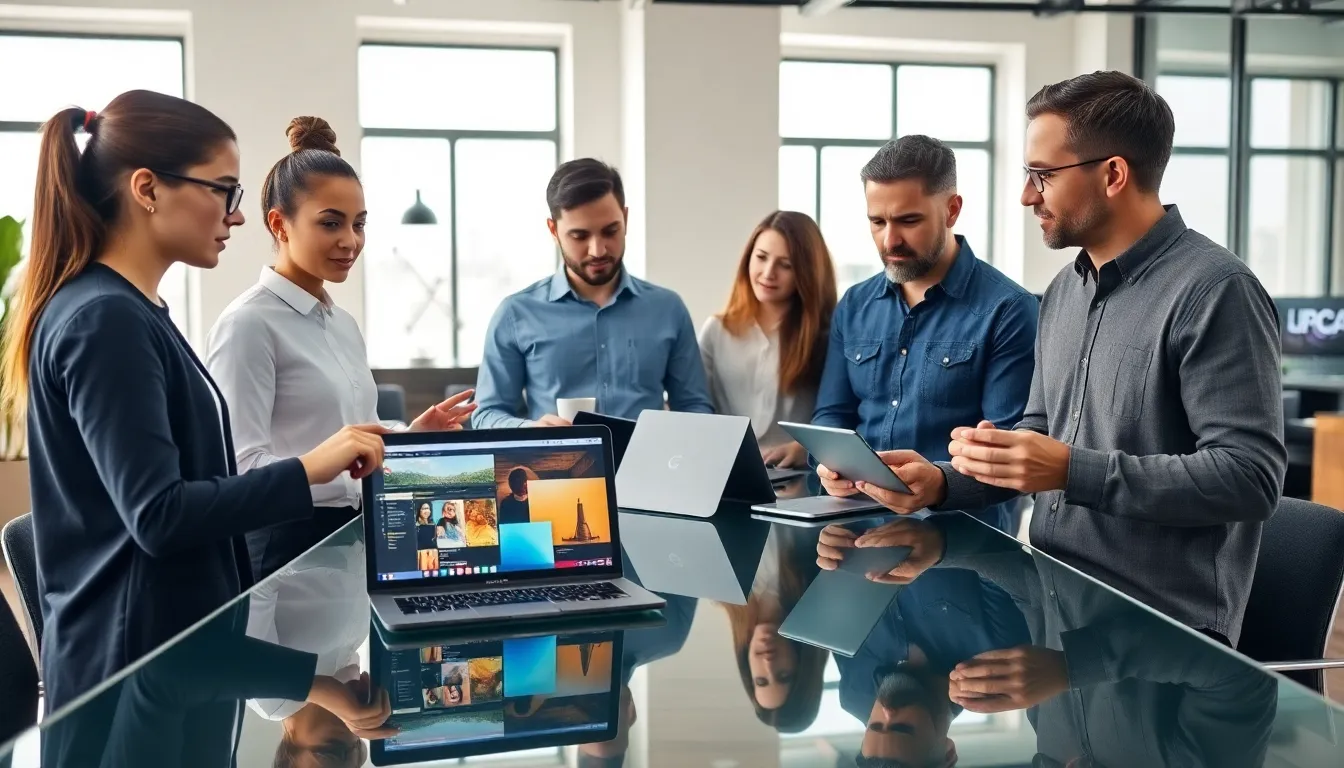 group discussing various laptop options in a modern office.