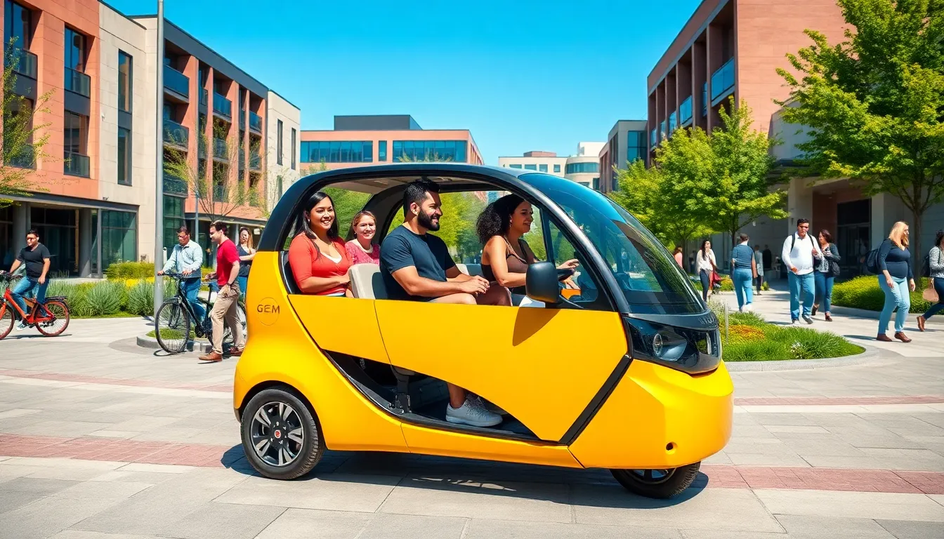 diverse group riding in a vibrant GEM electric vehicle on a campus.