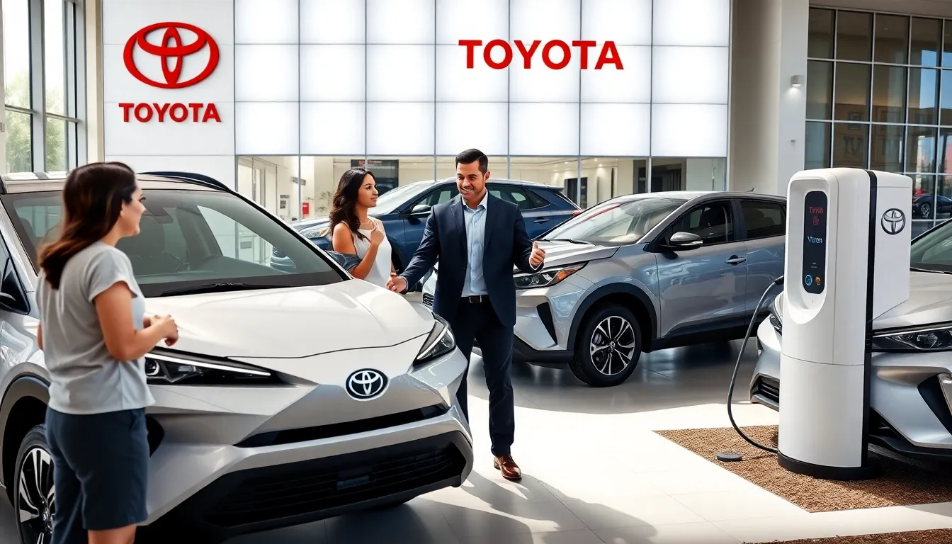 Diverse professionals discussing new Toyota electric vehicles at a modern dealership.