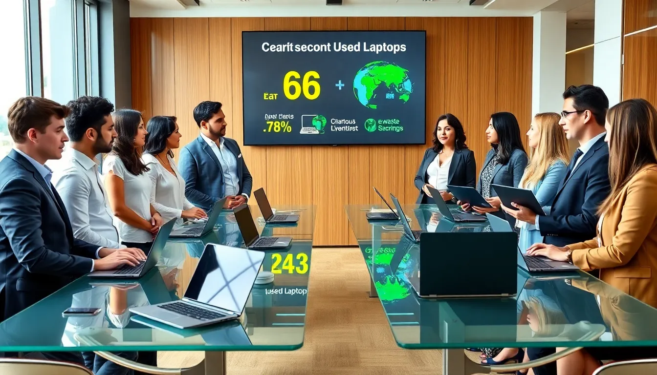 professionals discussing second hand laptops in a modern office.