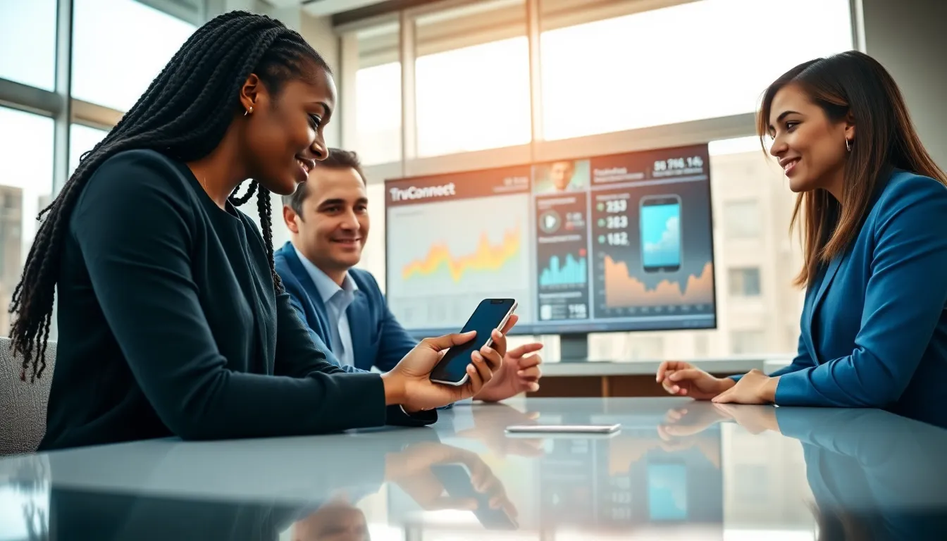 diverse team discussing mobile technology in a modern office.