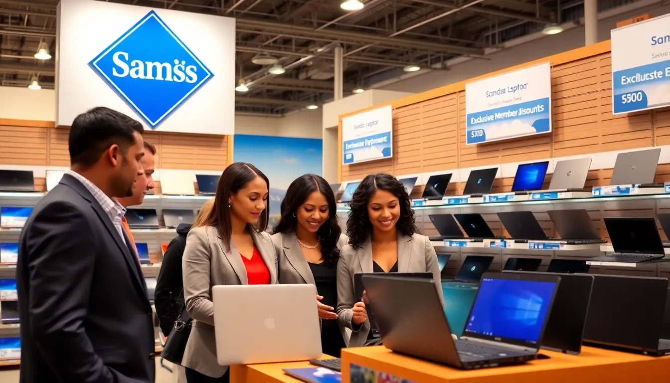 diverse team exploring laptops in a Sam's Club setting.