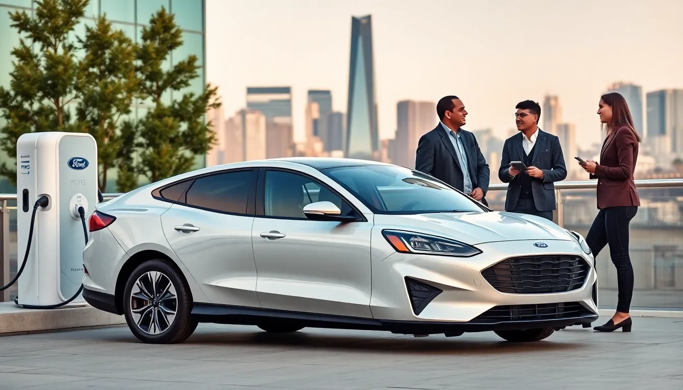 Ford electric vehicle featured in an urban setting with professionals discussing it.