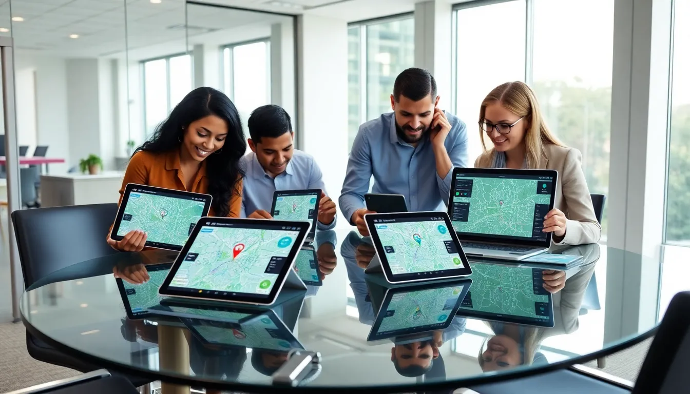 diverse team discussing T-Mobile phone tracking technology in a modern office.