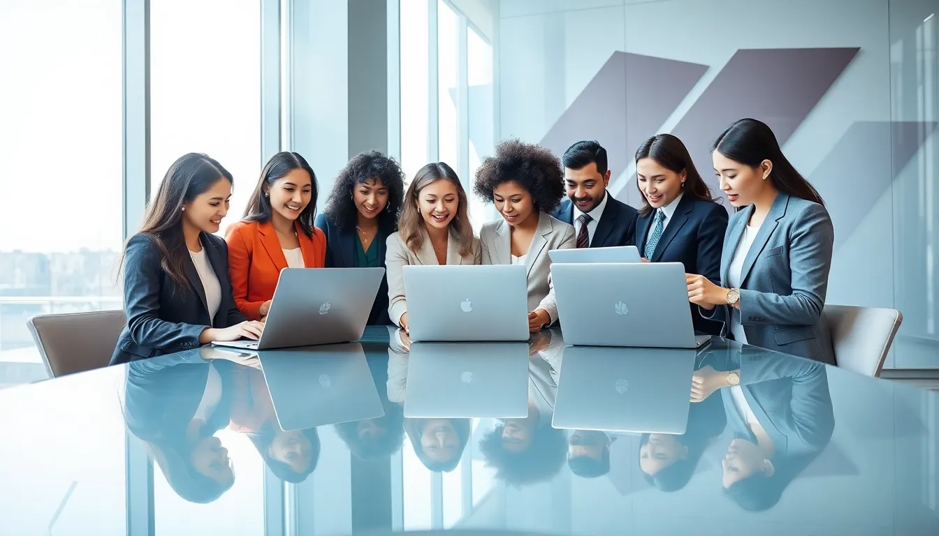 diverse professionals collaborating with Huawei laptops in a modern office.