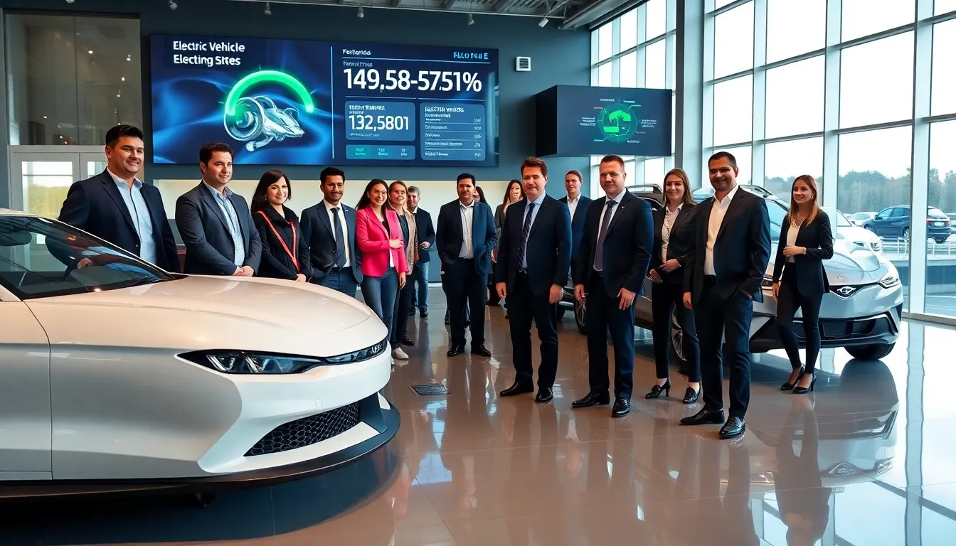 team showcasing Ford's all-electric vehicles in a modern showroom.